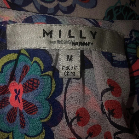 MILLY for Design Nations Sz M Women's Multi-Color Floral Short Sleeve Blouse Top - Picture 5 of 5